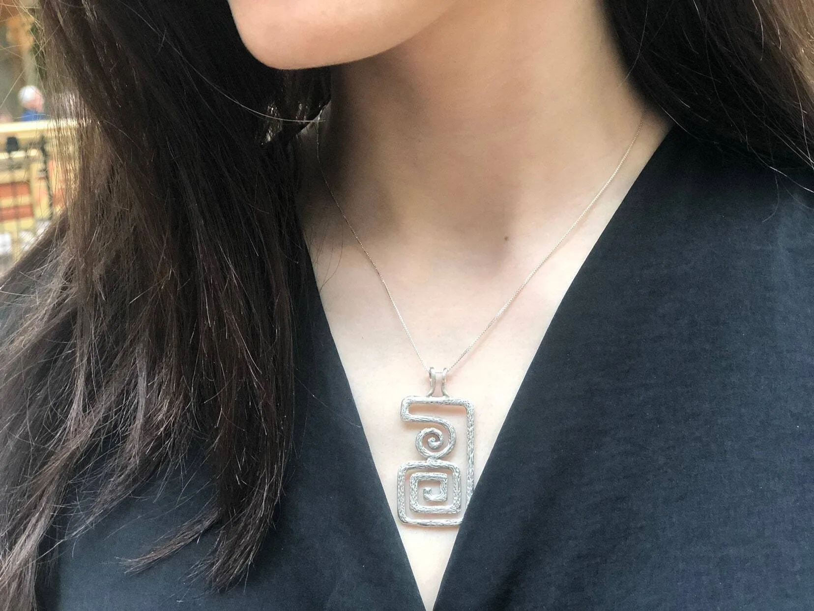 Silver Maze Pendant - Large Aztec Necklace - Statement Silver Necklace