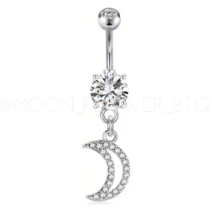 Silver Moon CZ Dangly Navel Belly Button Ring