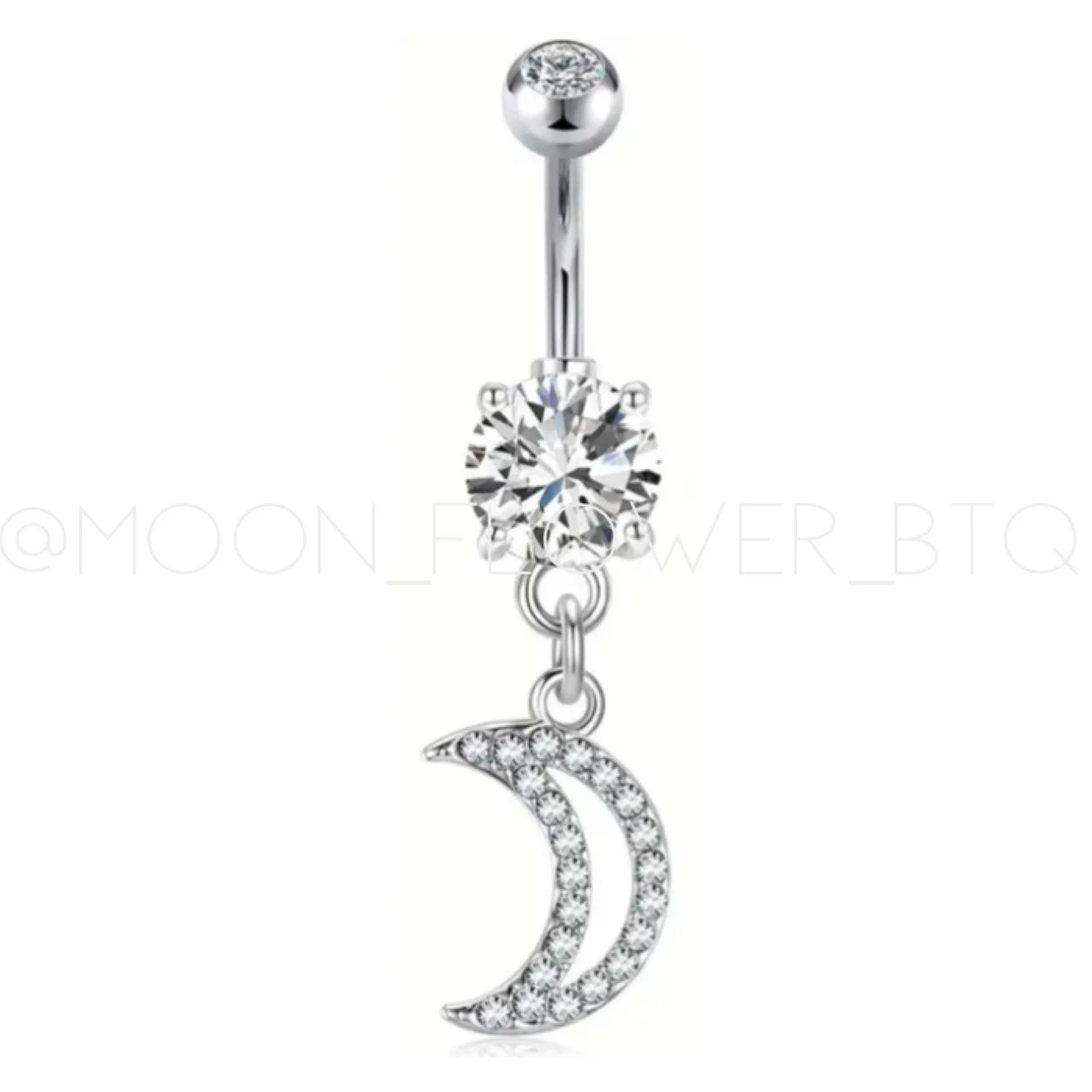 Silver Moon CZ Dangly Navel Belly Button Ring