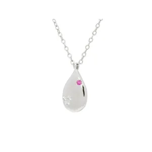 Silver Rhodium Plated Teen Love Tear Drop Necklace 16"  2" Cubic Zirconias and Red Cz