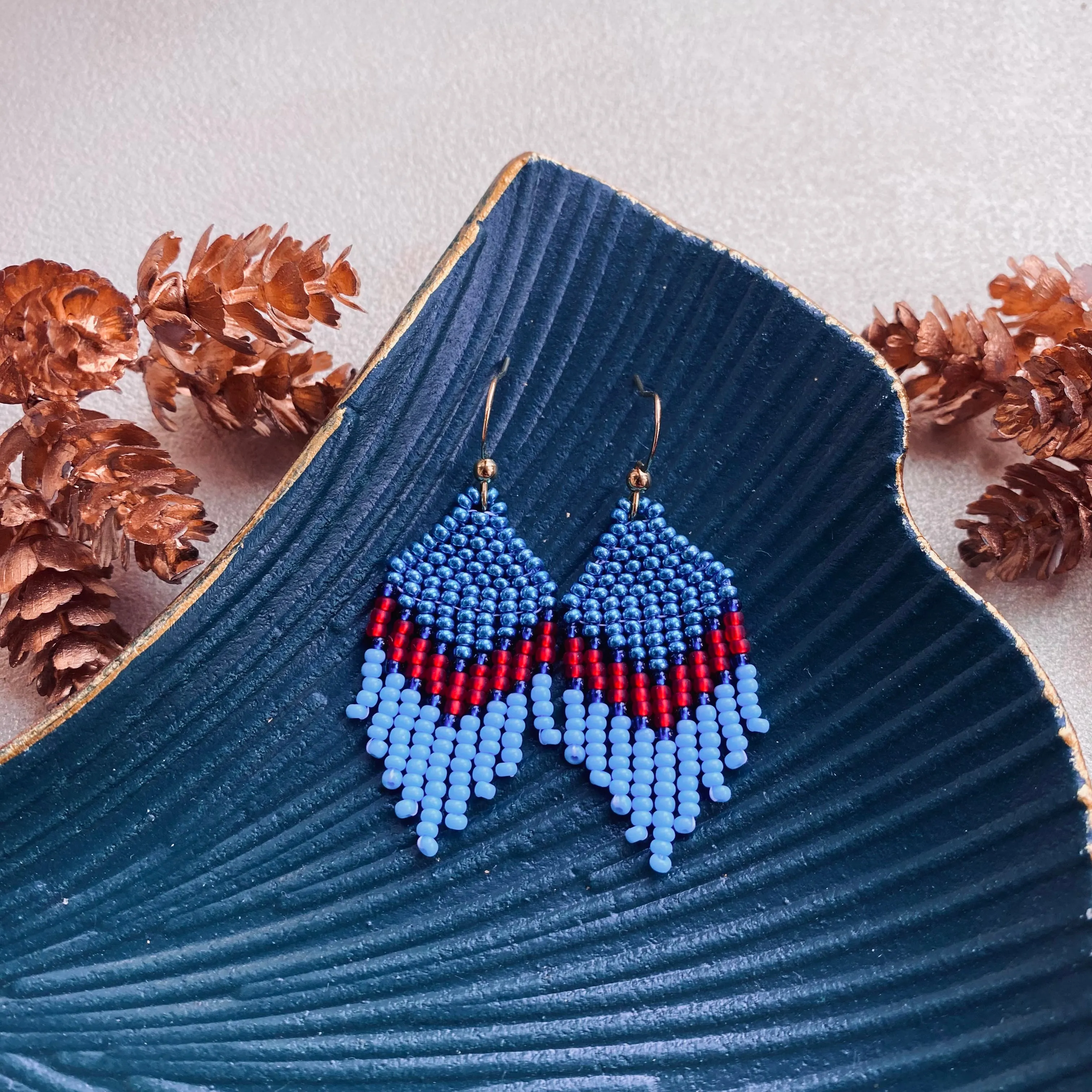 Small Fringe Blue Red Seed Beaded Earrings for Women. Dainty Chandelier Earrings with short fringe. Unique cute earrings in Boho Hippie style.