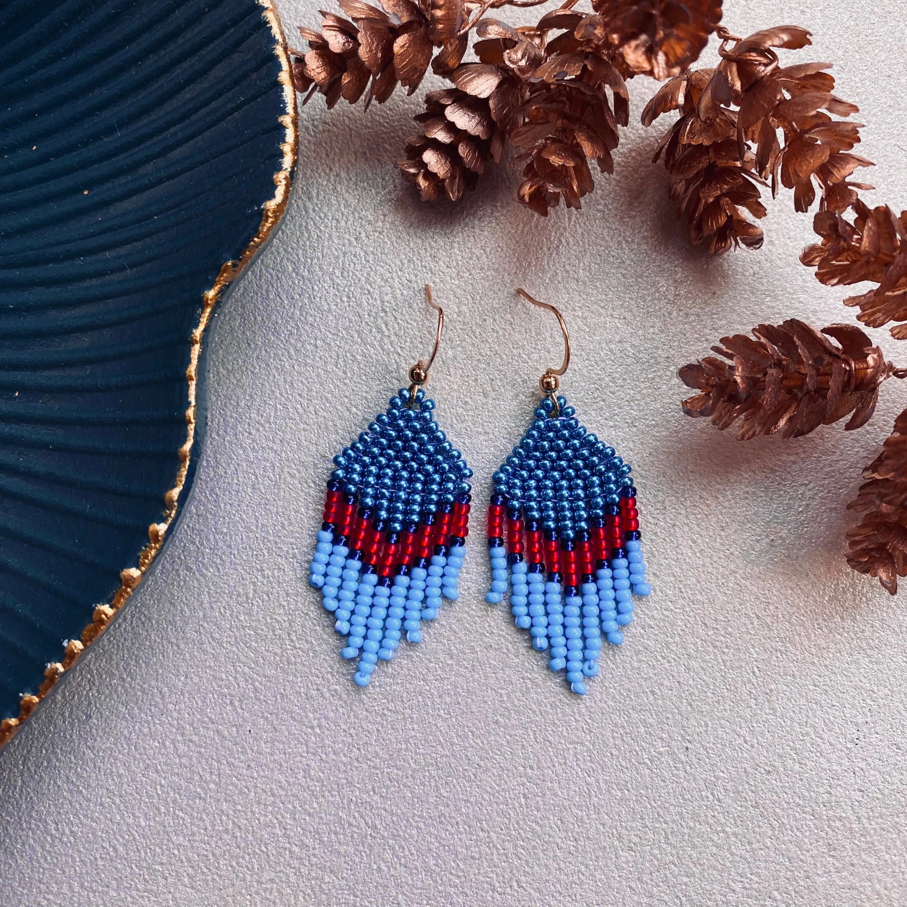 Small Fringe Blue Red Seed Beaded Earrings for Women. Dainty Chandelier Earrings with short fringe. Unique cute earrings in Boho Hippie style.