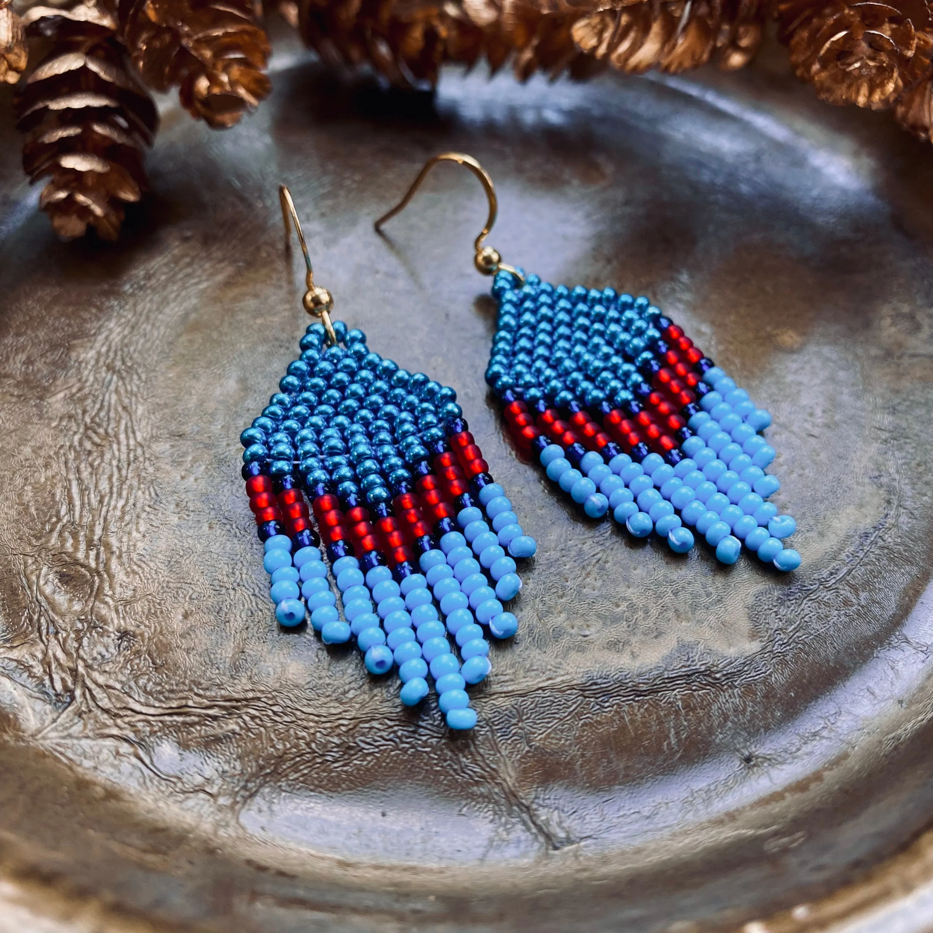 Small Fringe Blue Red Seed Beaded Earrings for Women. Dainty Chandelier Earrings with short fringe. Unique cute earrings in Boho Hippie style.