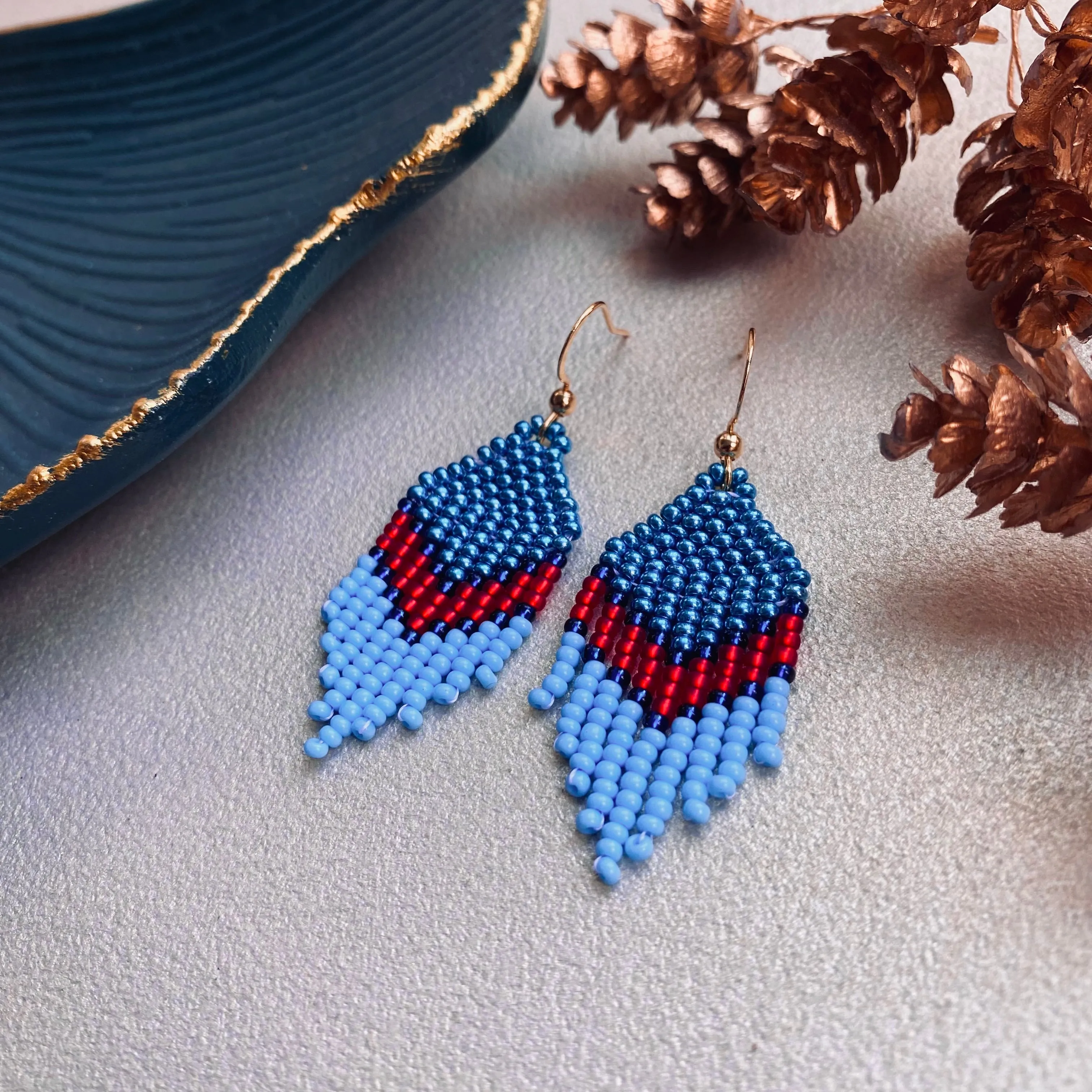 Small Fringe Blue Red Seed Beaded Earrings for Women. Dainty Chandelier Earrings with short fringe. Unique cute earrings in Boho Hippie style.