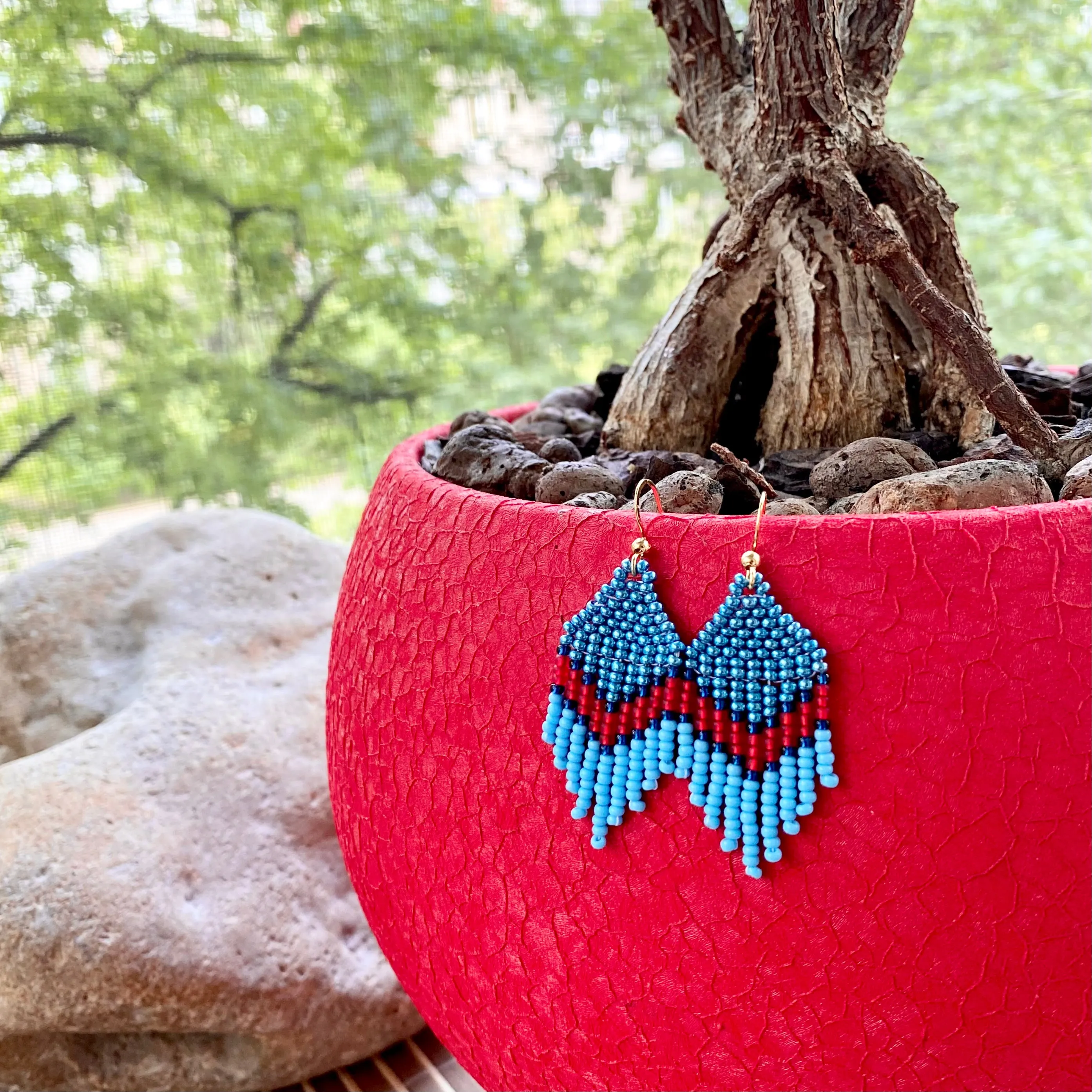 Small Fringe Blue Red Seed Beaded Earrings for Women. Dainty Chandelier Earrings with short fringe. Unique cute earrings in Boho Hippie style.