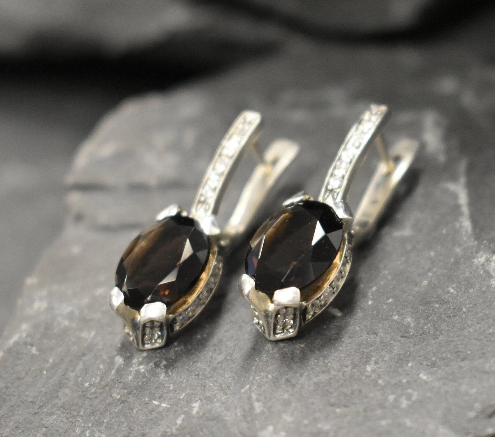 Smoky Topaz Earrings - Genuine Topaz Earrings - Drop Vintage Earrings