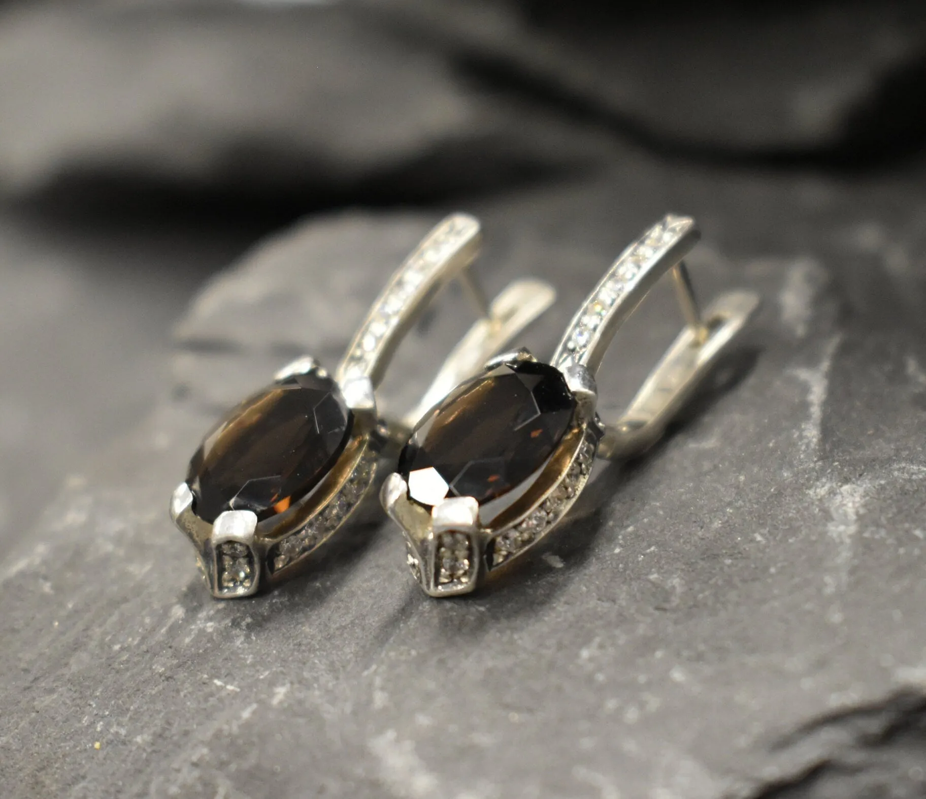 Smoky Topaz Earrings - Genuine Topaz Earrings - Drop Vintage Earrings