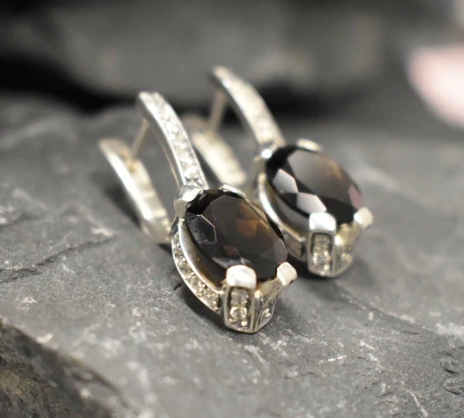 Smoky Topaz Earrings - Genuine Topaz Earrings - Drop Vintage Earrings