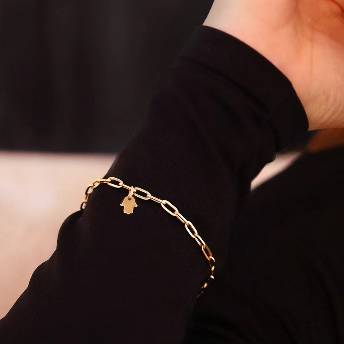 Soleil Collection Petite Hamsa Hand Paperclip Bracelet | 9K Solid Yellow Gold