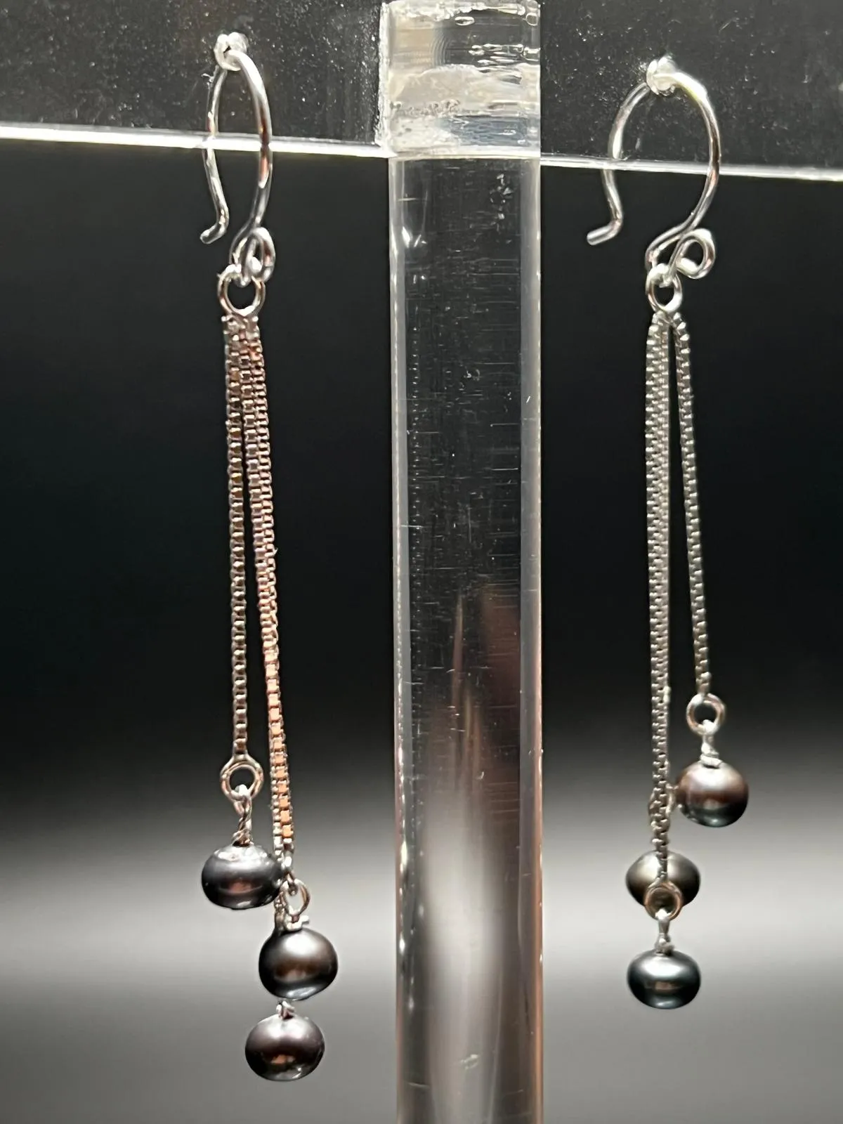 Steel Pearl and Sterling Silver Box Chain Earrings