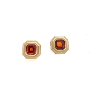 Step Cut Studs- Spessartite Orange Garnet & 14k Yellow Gold