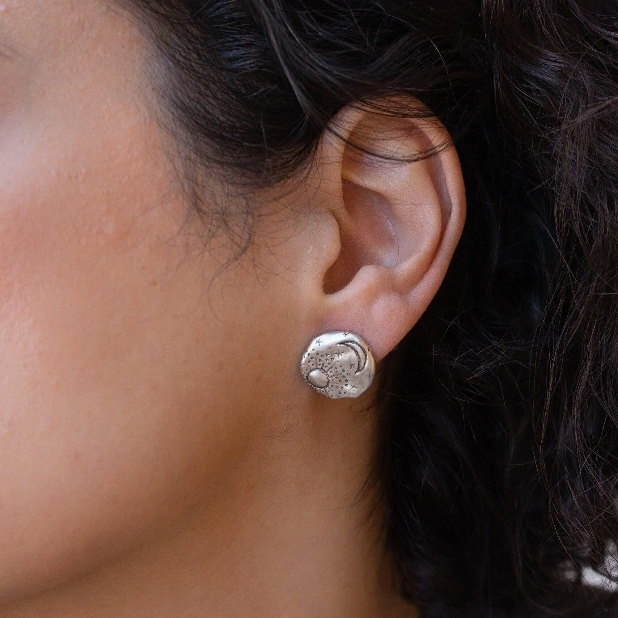 Sun Moon Stars Large Silver Disc Stud Earrings