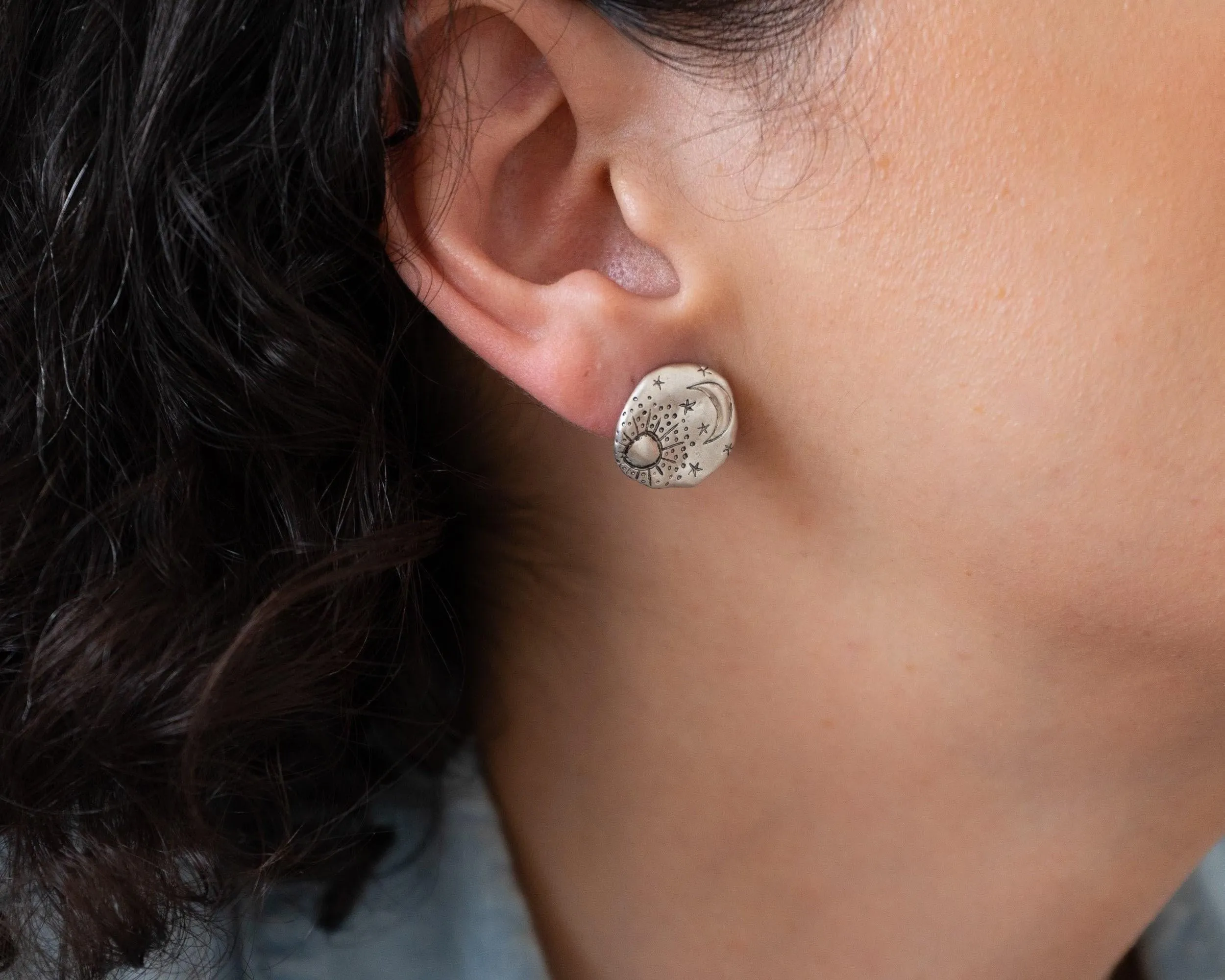 Sun Moon Stars Large Silver Disc Stud Earrings