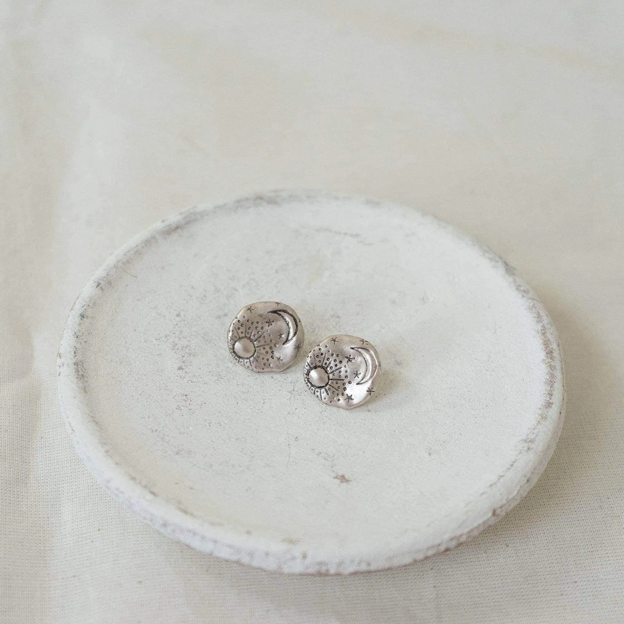 Sun Moon Stars Large Silver Disc Stud Earrings