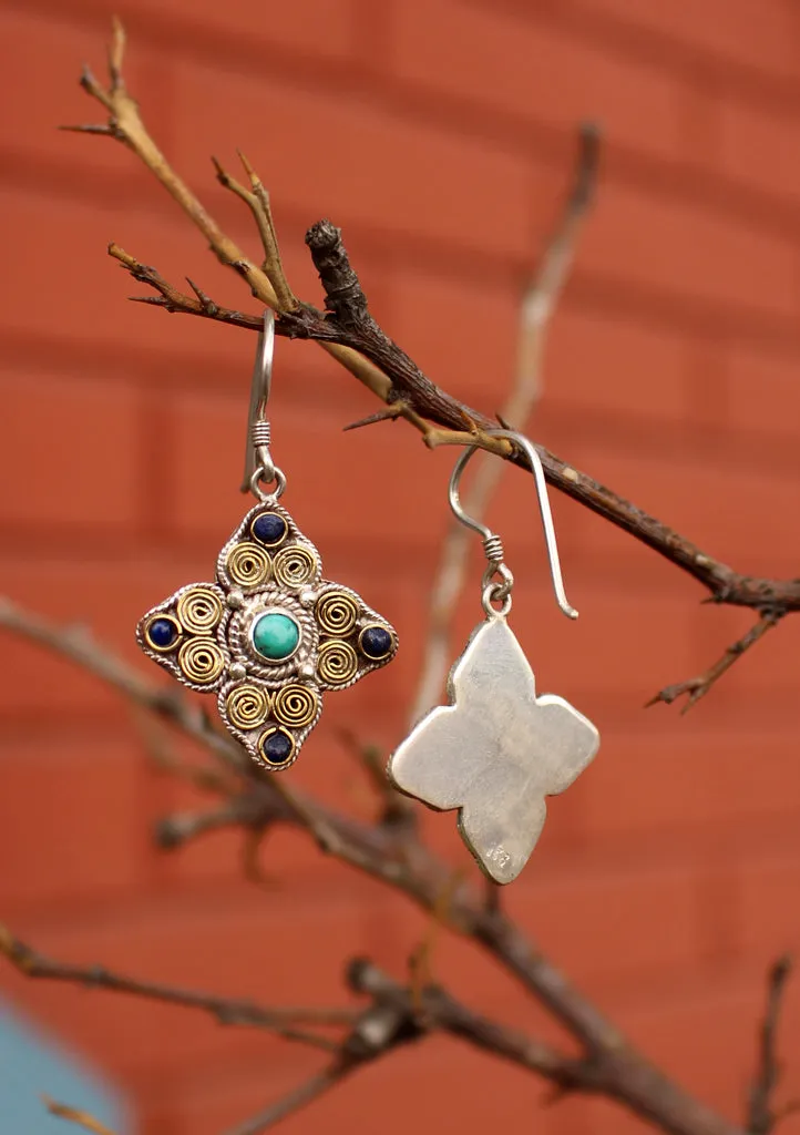 Tibetan Double Dorjee Silver Earrings Inlaid Turquoise and Lapis