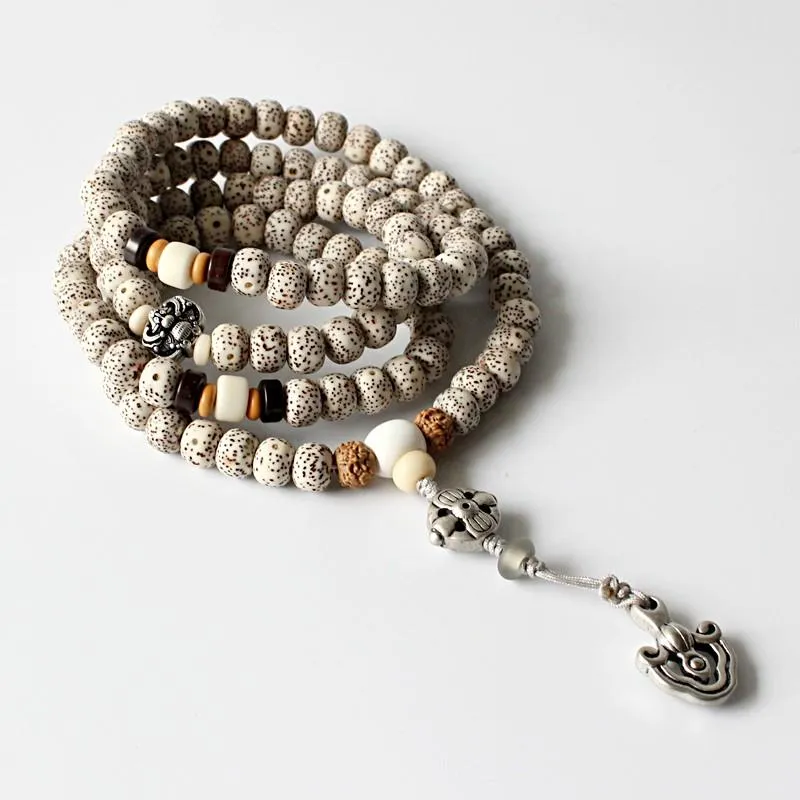 Tibetan Natural Wood Bodhi Seed Beads Necklace with Antique Copper Pendant