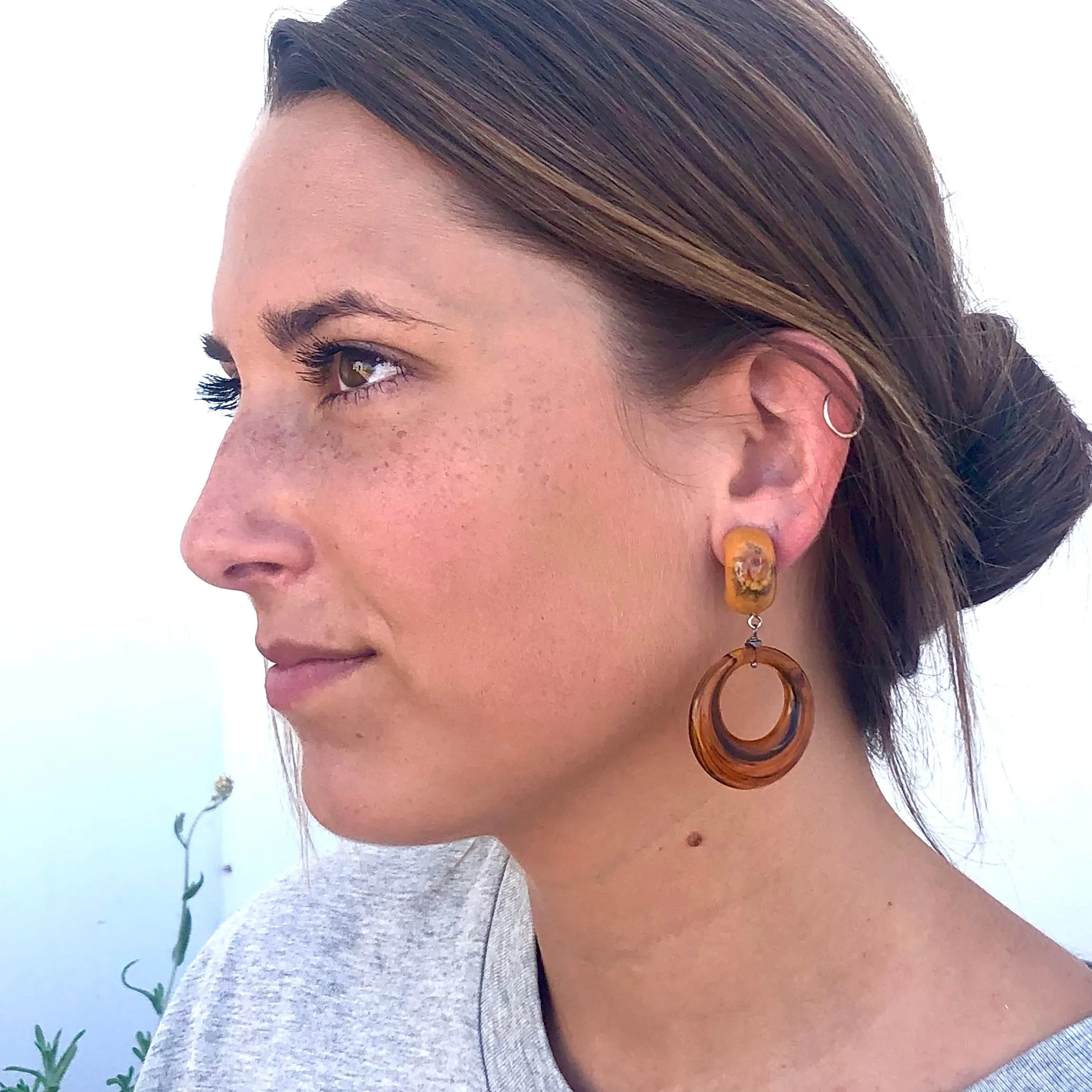 Tortoise & Mustard Flower Garden Donut Drop Earrings