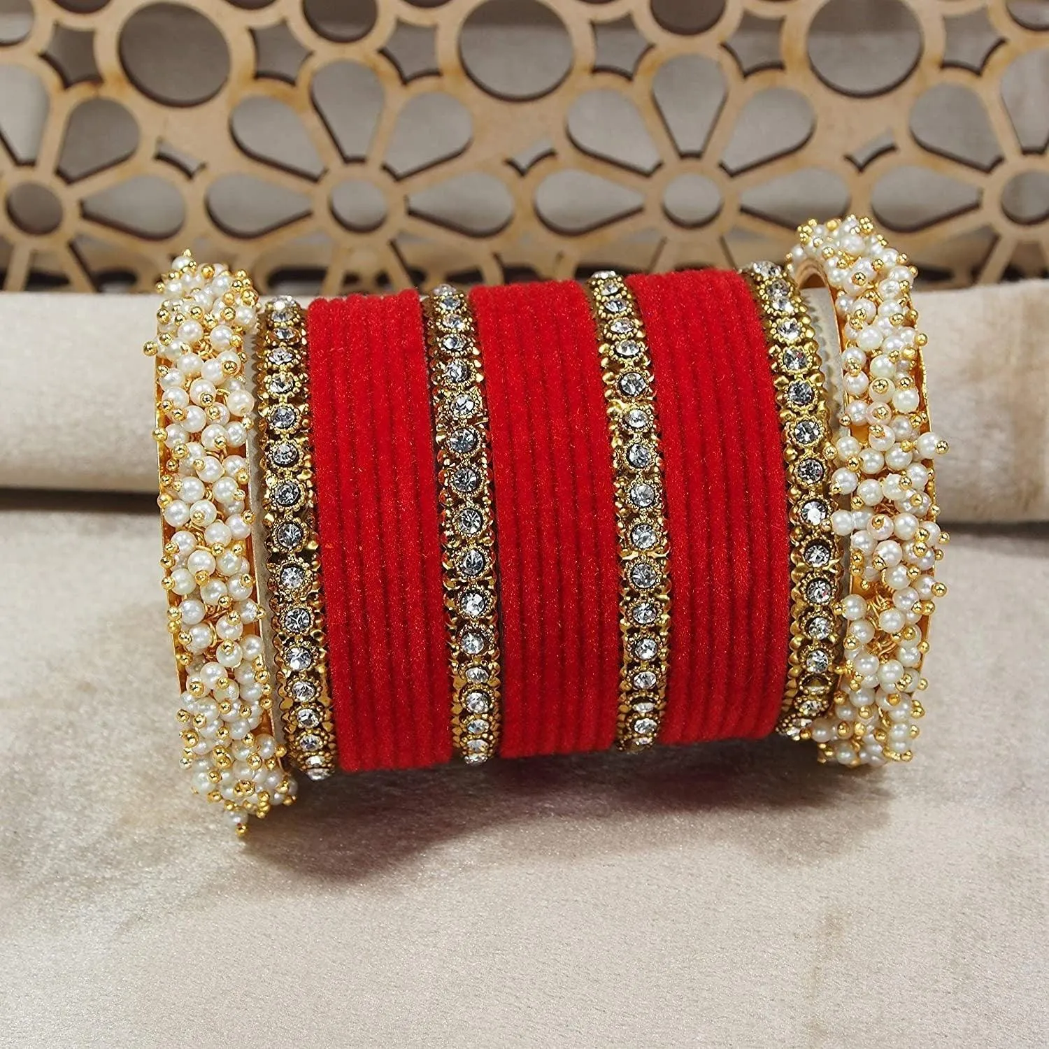 Traditional Velvet Chuda Indian Bangle Set With Pearl Kada - Both Hands