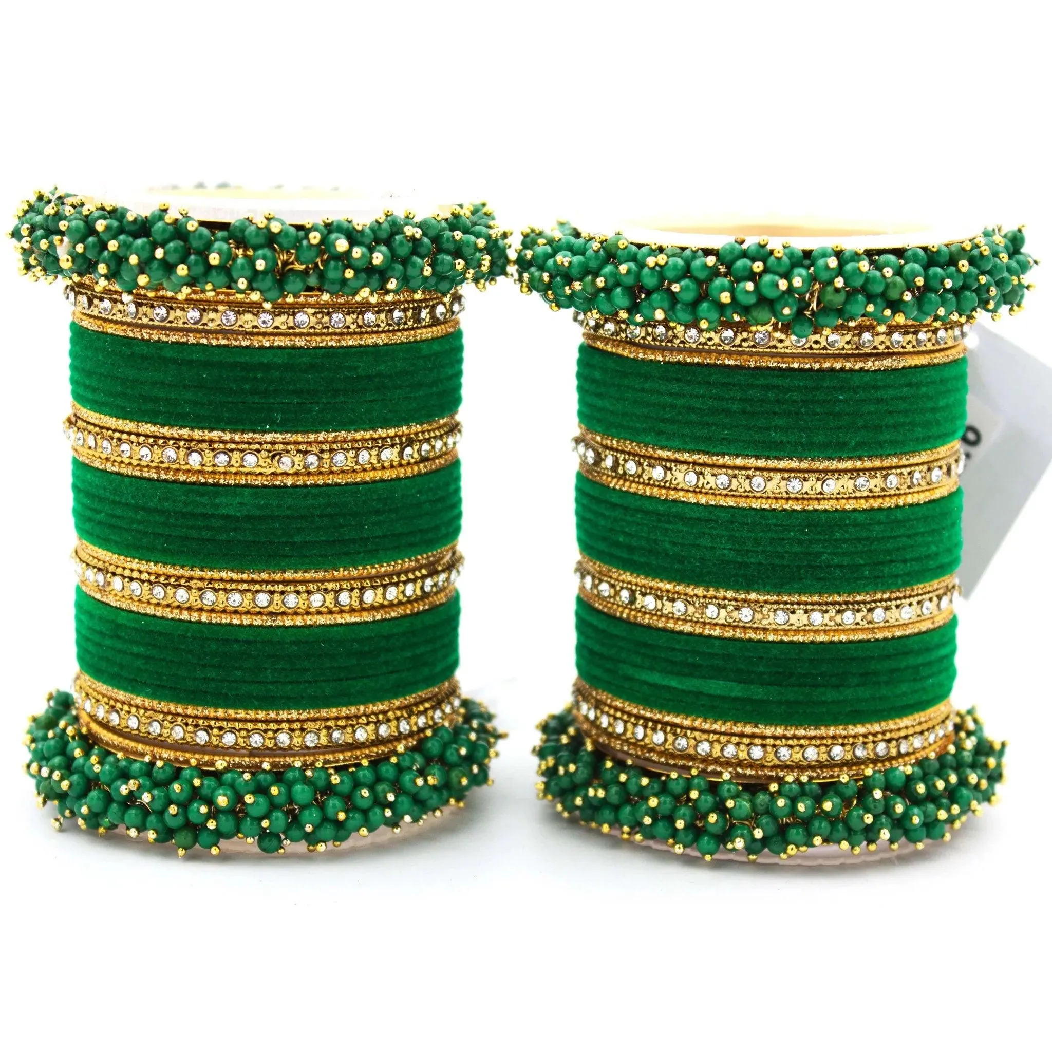 Traditional Velvet Chuda Indian Bangle Set With Pearl Kada - Both Hands