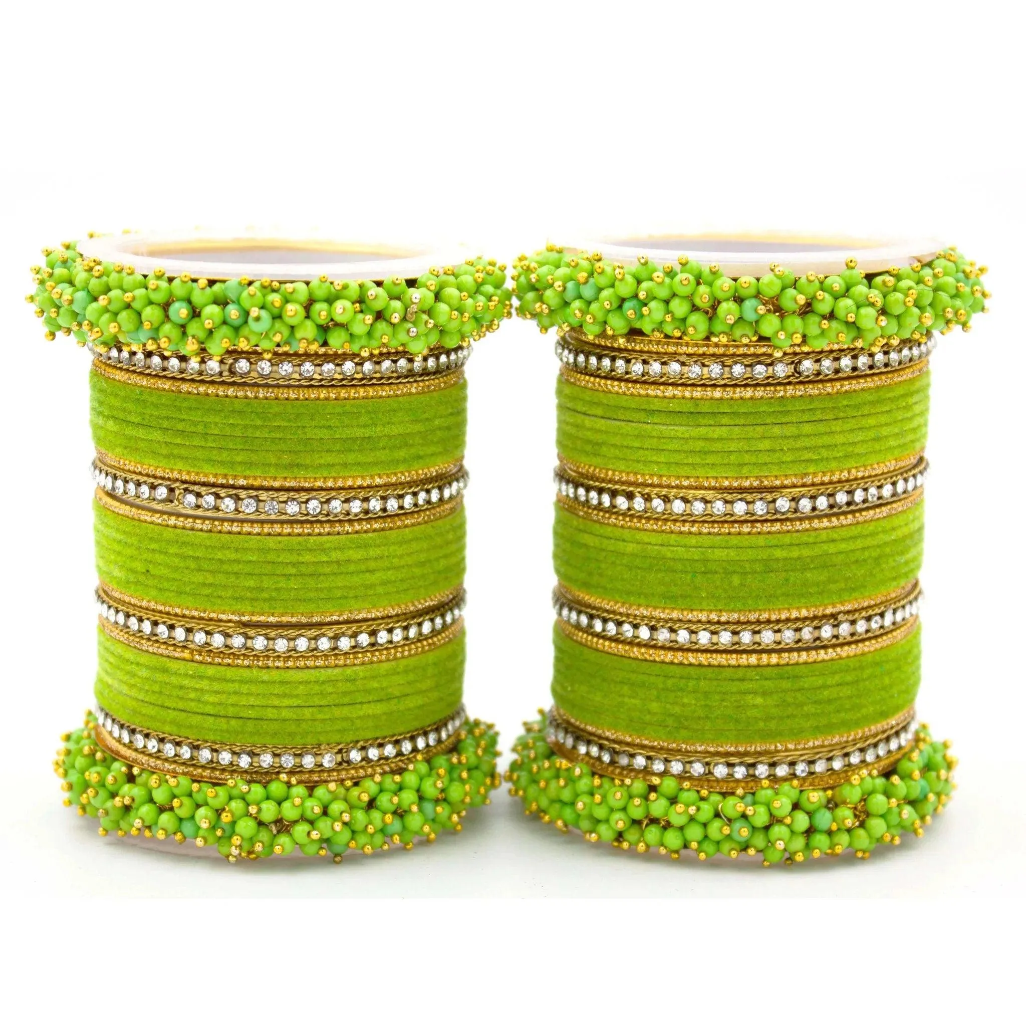 Traditional Velvet Chuda Indian Bangle Set With Pearl Kada - Both Hands