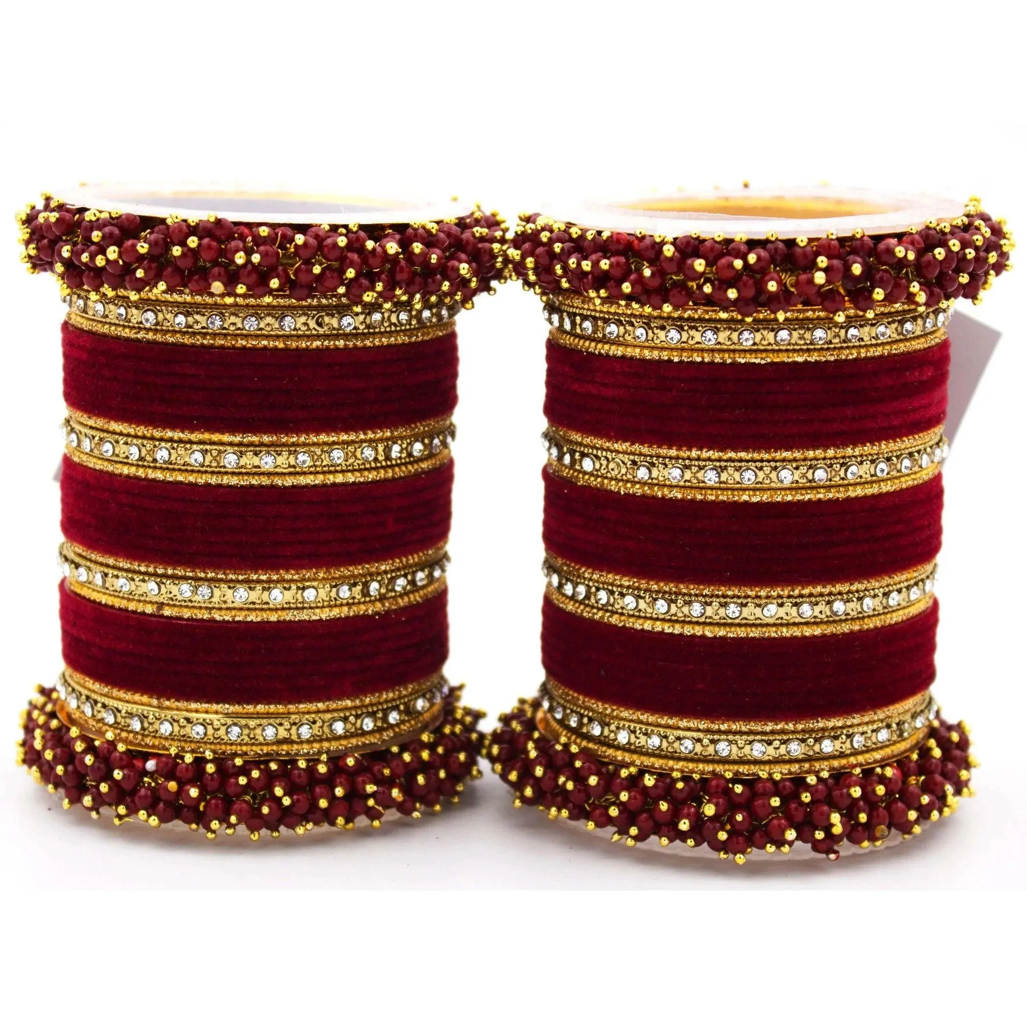 Traditional Velvet Chuda Indian Bangle Set With Pearl Kada - Both Hands