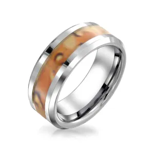 Tungsten Wedding Band Ring with Brown Camouflage Inlay for Men - Silver Tone