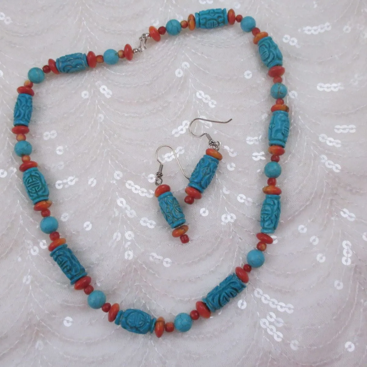 Turquoise & Red Bead Necklace & Earrings Jewelry Set