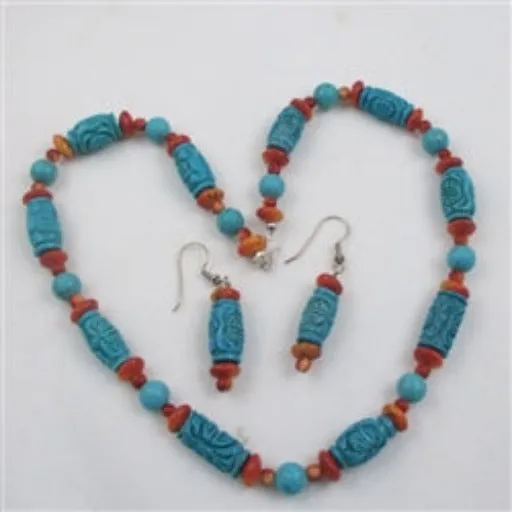 Turquoise & Red Bead Necklace & Earrings Jewelry Set