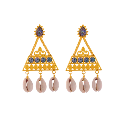 Unique 22k Gold Triangular Earrings With Cowrie Shells