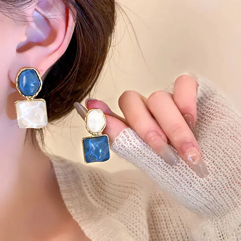 VAIGE Elegant Blue and White Geometric Resin Drop Earrings with Stainless Steel Accents