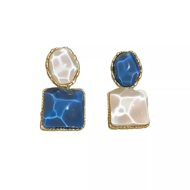 VAIGE Elegant Blue and White Geometric Resin Drop Earrings with Stainless Steel Accents