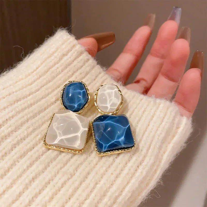 VAIGE Elegant Blue and White Geometric Resin Drop Earrings with Stainless Steel Accents