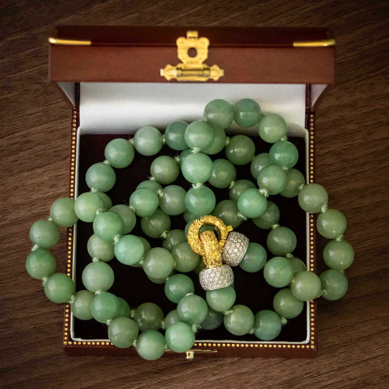 Vintage Jade Bead Necklace Diamond Yellow Sapphire Clasp Circa 1960