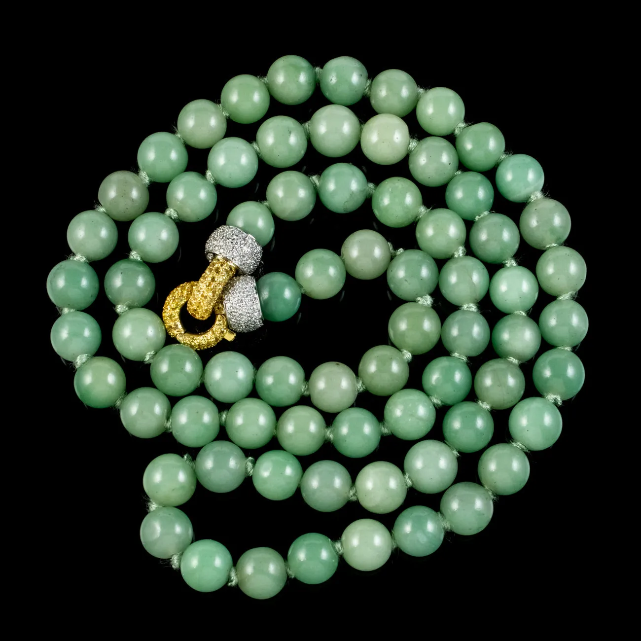 Vintage Jade Bead Necklace Diamond Yellow Sapphire Clasp Circa 1960