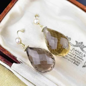 Vintage Smoky Quartz Pearl Briolette Earrings