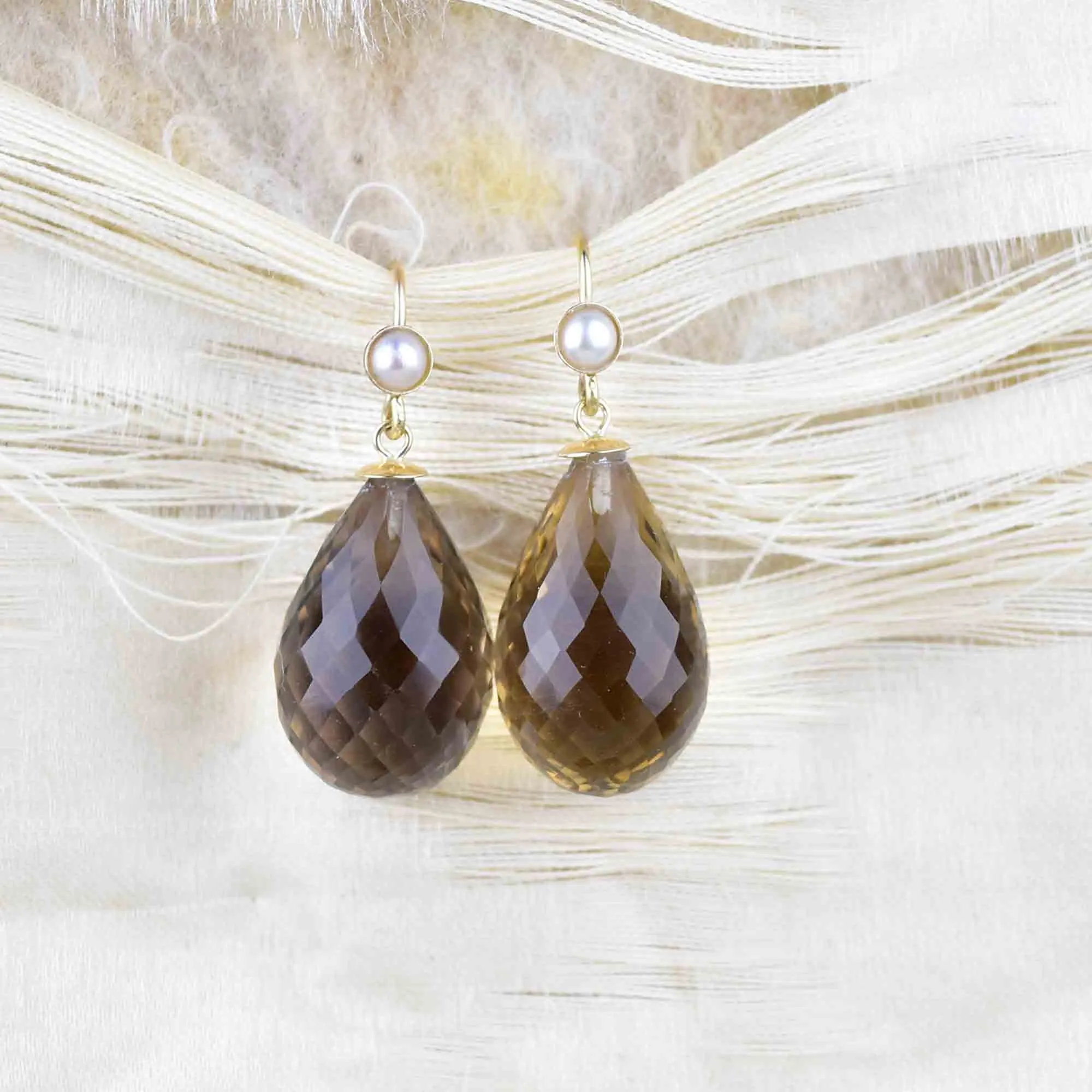 Vintage Smoky Quartz Pearl Briolette Earrings