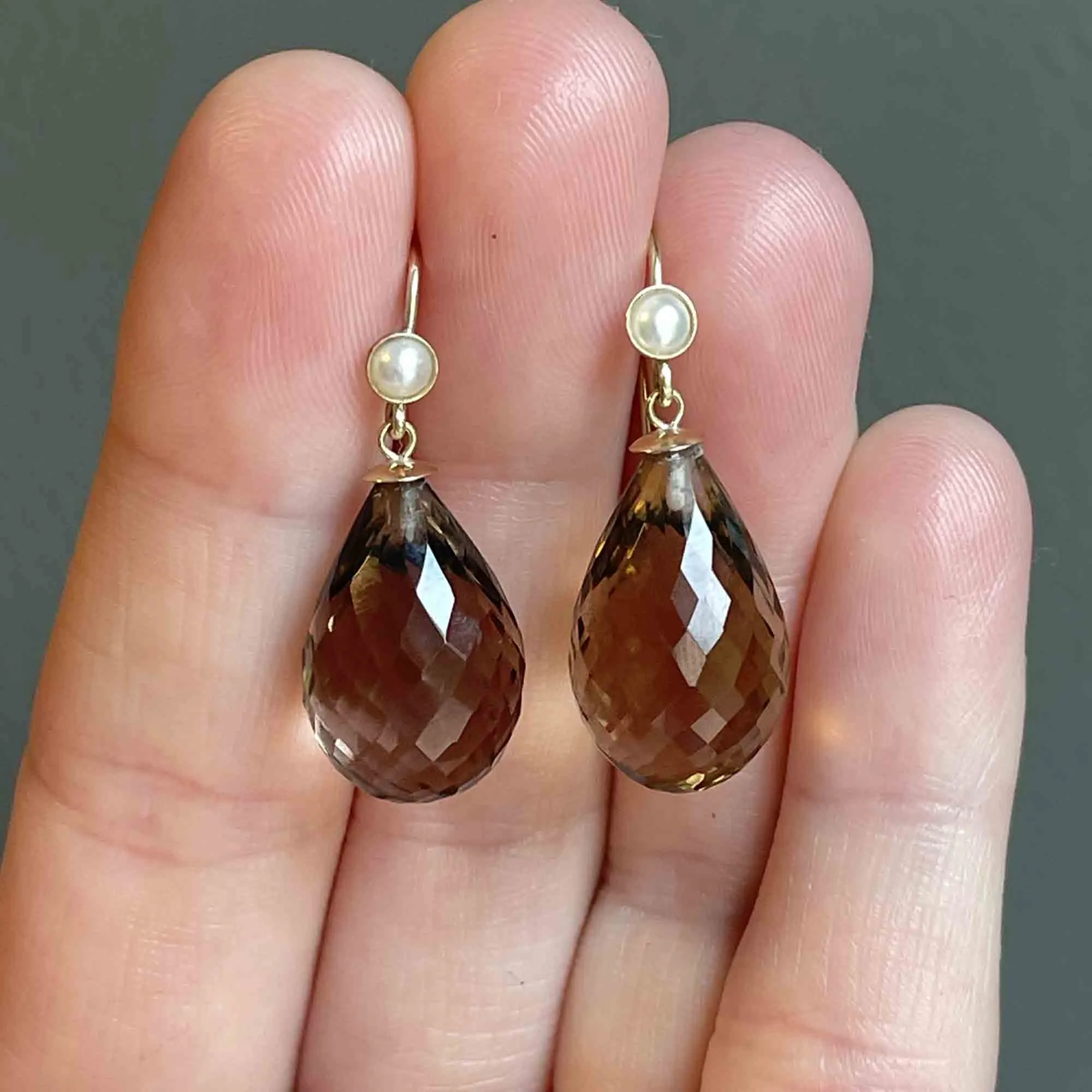 Vintage Smoky Quartz Pearl Briolette Earrings