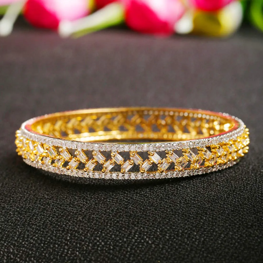 Yellow Chimes Classic Design 1 Pcs White AD/American Diamond Studded 18k Gold Plated Handcrafted Bangle for Women & Girls (2.8)