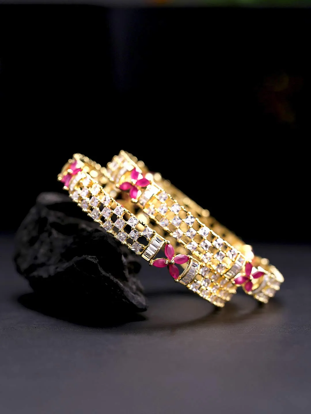 Yellow Chimes Elegant Floral Design AD/American Diamond Studded 18k Gold Plated Classic 2 PCs Handcrafted Bangles Set for Women & Girls (2.4)