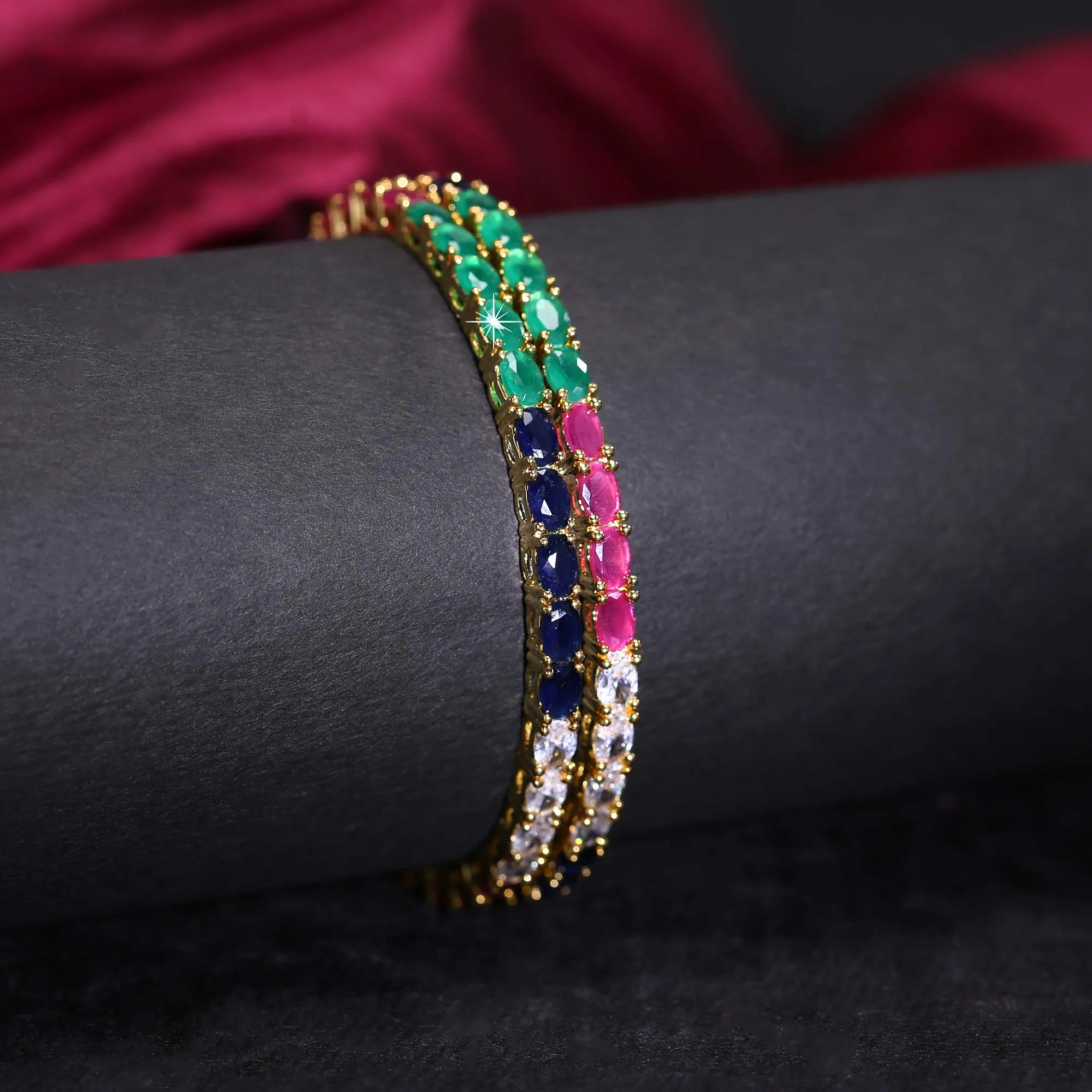 Yellow Chimes Elegant Multicolor AD/American Diamond Studded 18k Gold Plated Classic 2 PCs Handcrafted Bangles Set for Women & Girls (2.4)