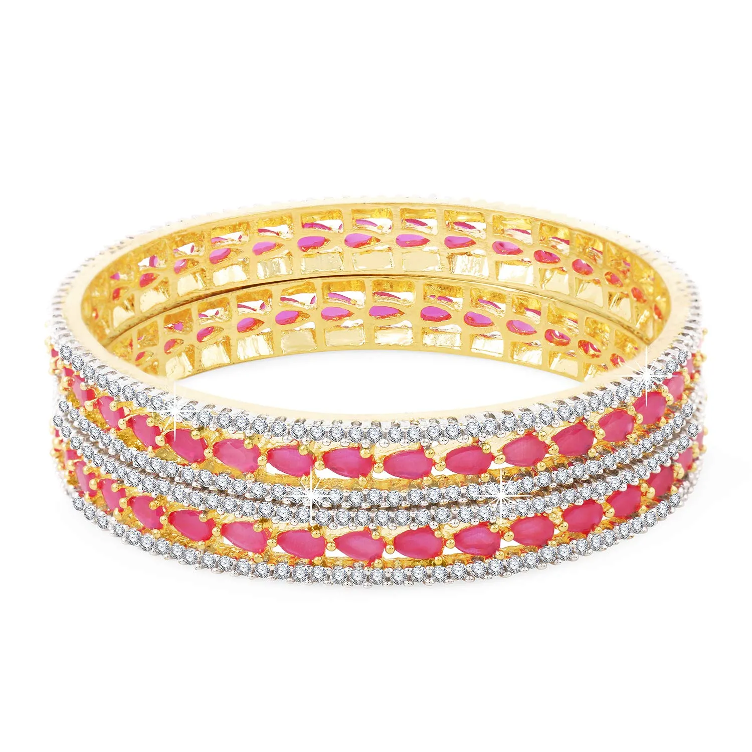 Yellow Chimes Elegant Pink AD/American Diamond Studded 18k Gold Plated Designer Handcrafted 2 PCs Bangles Set for Women & Girls (2.4)