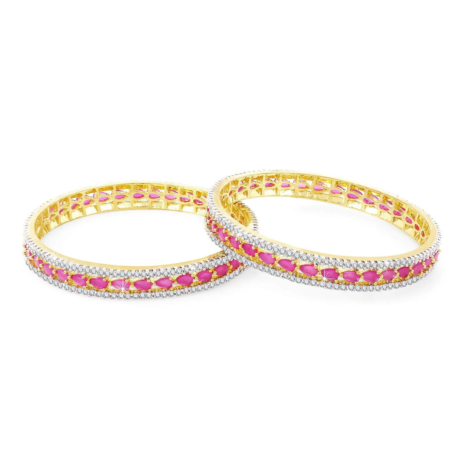 Yellow Chimes Elegant Pink AD/American Diamond Studded 18k Gold Plated Designer Handcrafted 2 PCs Bangles Set for Women & Girls (2.4)